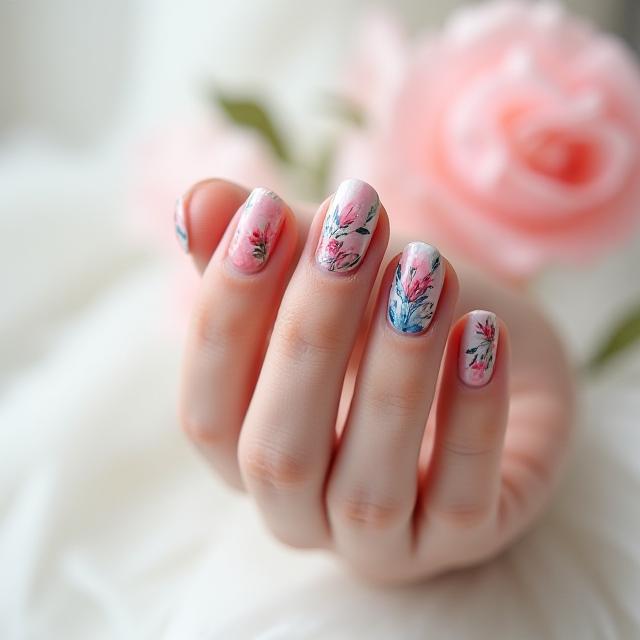 수채화 느낌의 플라워 드로잉 네일